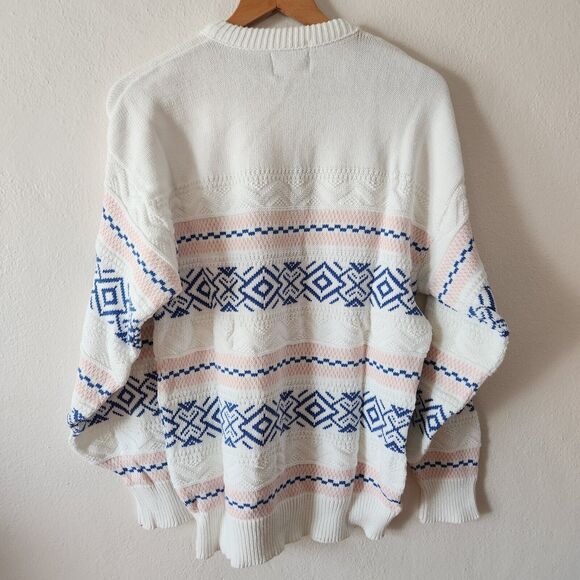 Vintage Aspetuck Trading Co Geometric Knit Sweater White Blue Pink Men's L USA - Picture 2 of 6